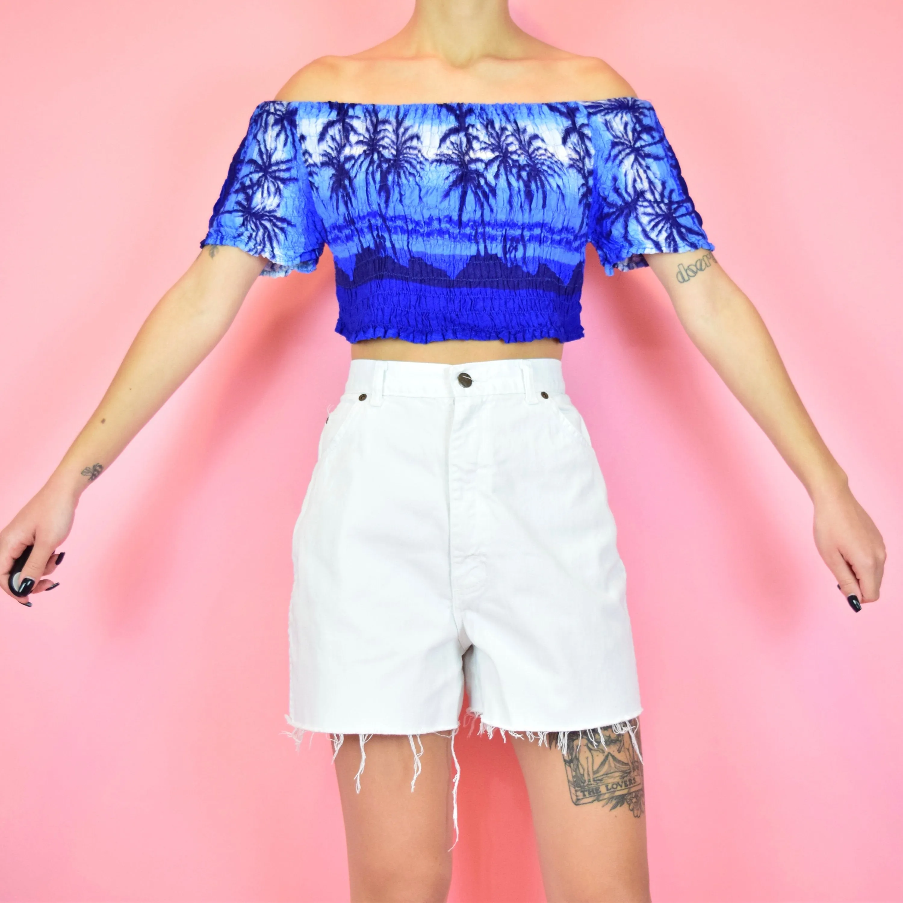 00s 00s Dark Blue Tropical Off The Shoulder Crop Top by InGear