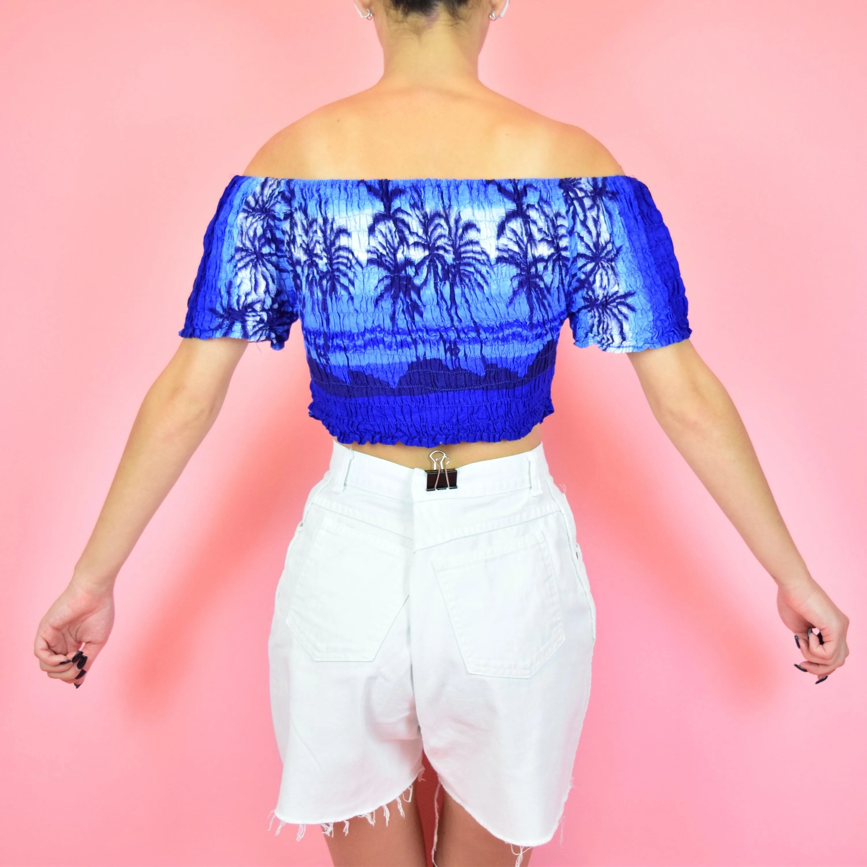 00s 00s Dark Blue Tropical Off The Shoulder Crop Top by InGear