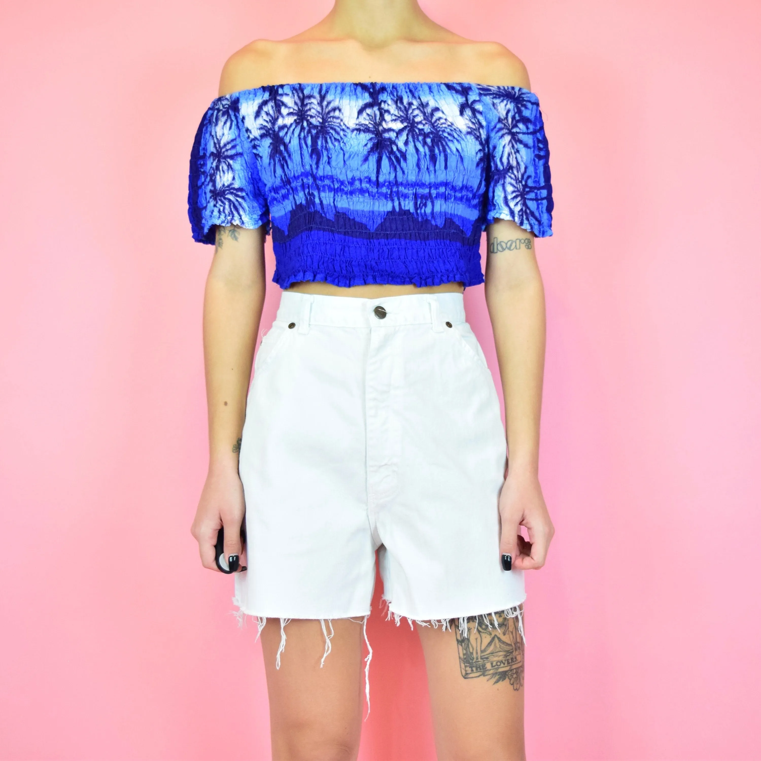 00s 00s Dark Blue Tropical Off The Shoulder Crop Top by InGear