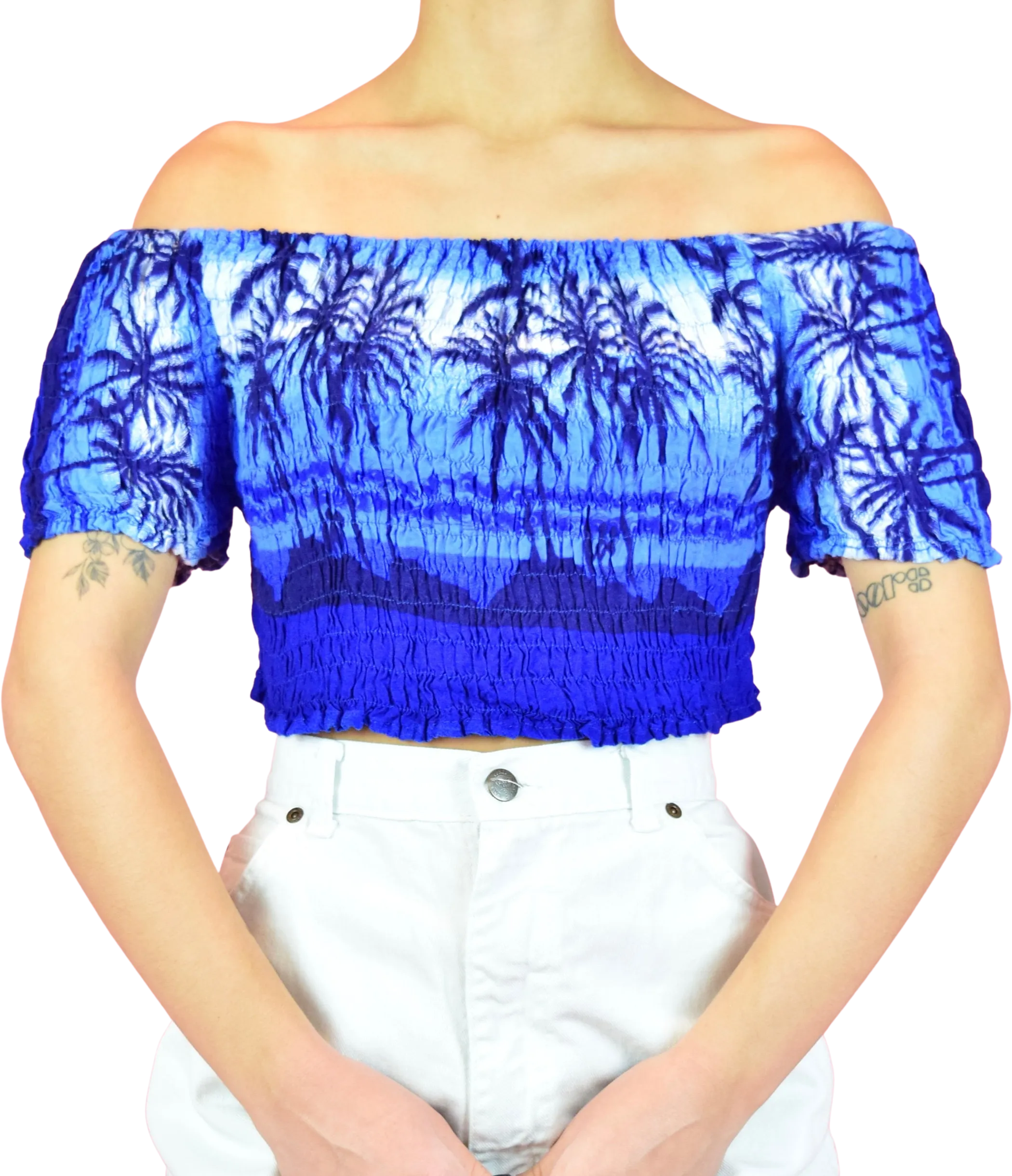 00s 00s Dark Blue Tropical Off The Shoulder Crop Top by InGear