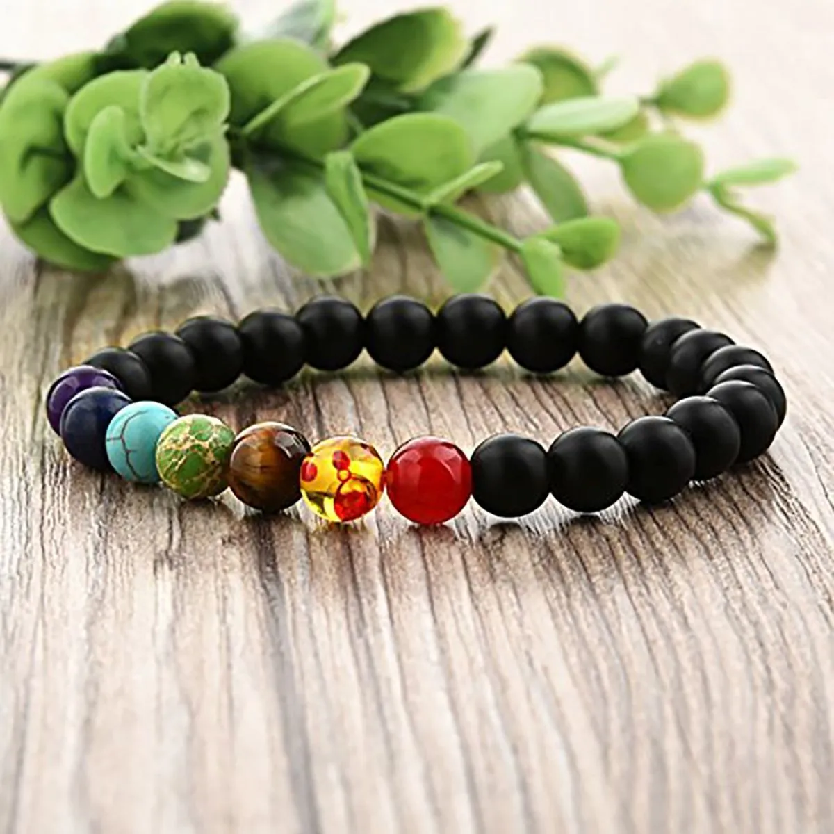 7 Chakra Reiki Healing Yoga Meditation Lava Onyx Beads Bracelet