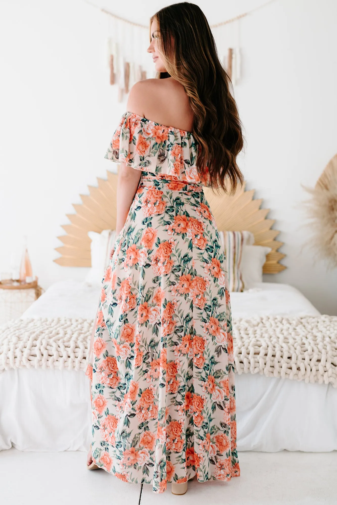 All My Adoration Off The Shoulder Floral Maxi Dress (Taupe)