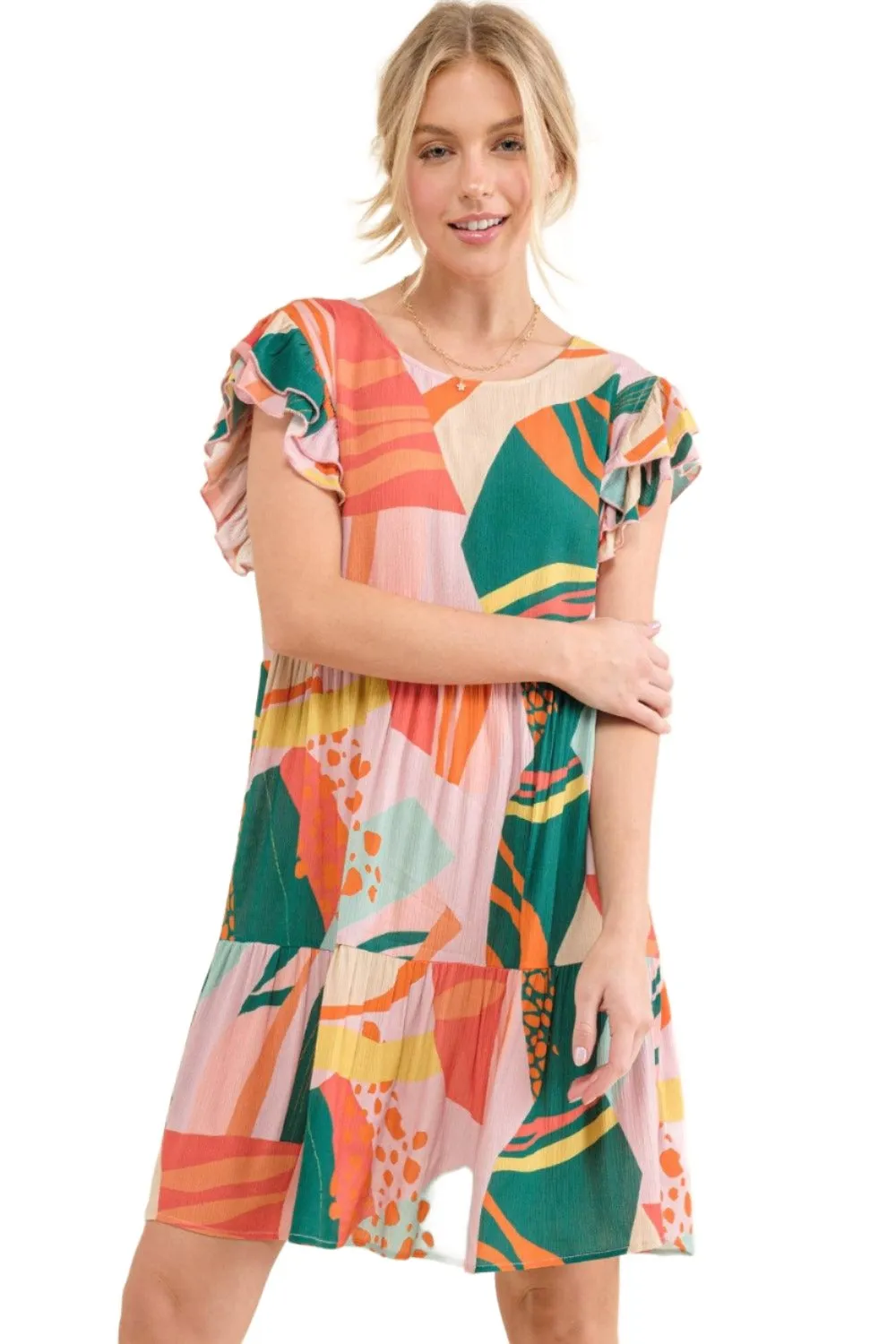 And The Why Printed Double Ruffle Sleeve Dress