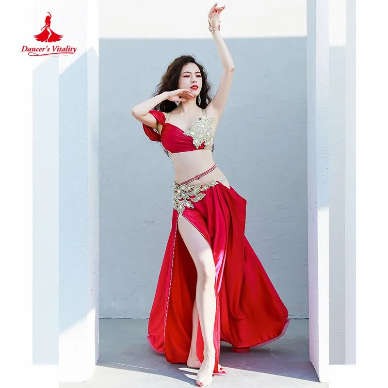 Belly Dance Suit Diamond-Studded Sling Bra Split Big Swing Skirt Performance Clothes Set Oriental Dancing Competition Clothing