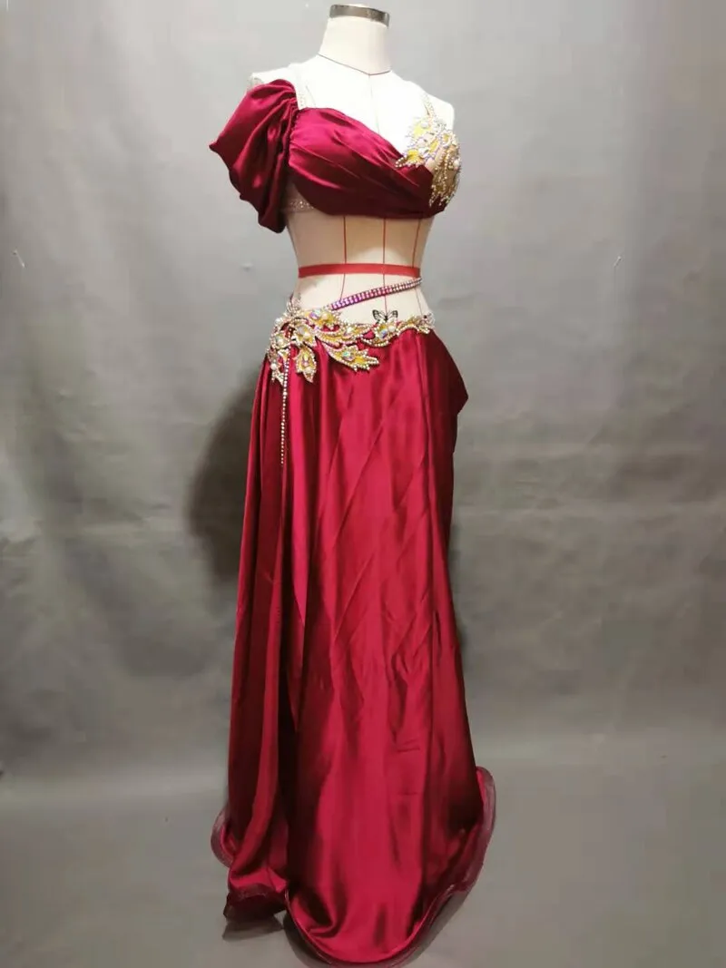 Belly Dance Suit Diamond-Studded Sling Bra Split Big Swing Skirt Performance Clothes Set Oriental Dancing Competition Clothing