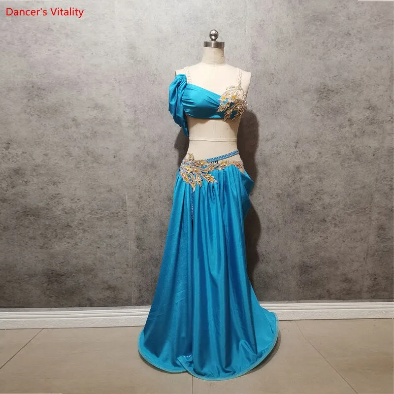 Belly Dance Suit Diamond-Studded Sling Bra Split Big Swing Skirt Performance Clothes Set Oriental Dancing Competition Clothing