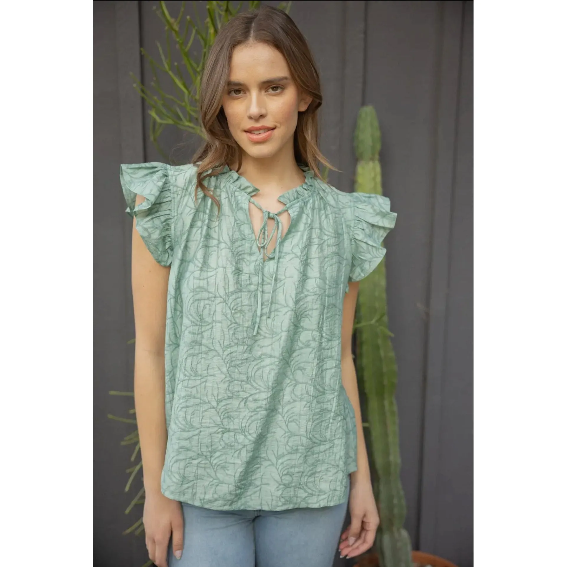 Betty V Neck Spaghetti Tie Ruffle
Sleeve VOY Top