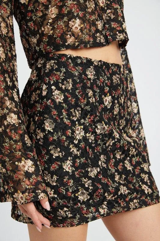 Black Floral Lace Embroidery Mini Skirt