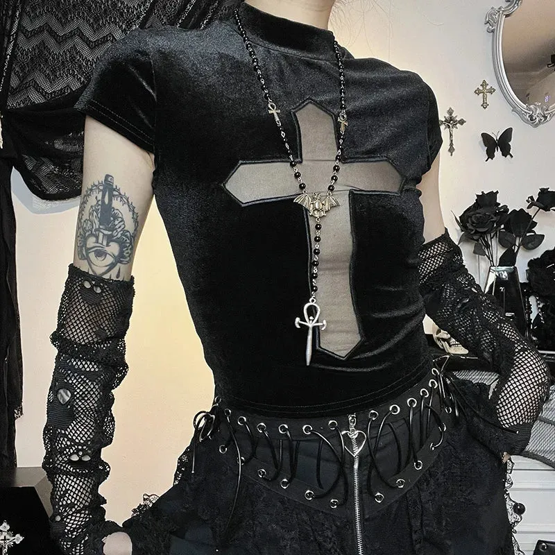 Black Goth Dark Cross Sheer Top