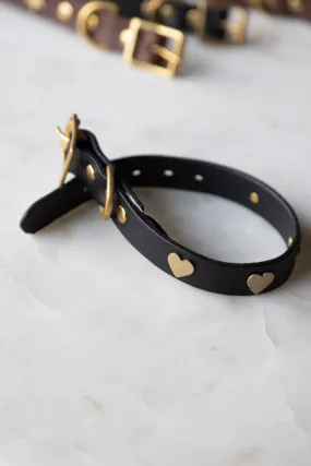 Black Leather Dog Collar With Hearts - 5 Available Sizes