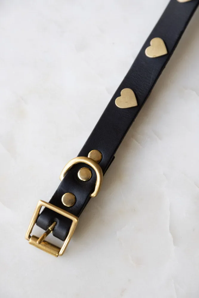 Black Leather Dog Collar With Hearts - 5 Available Sizes