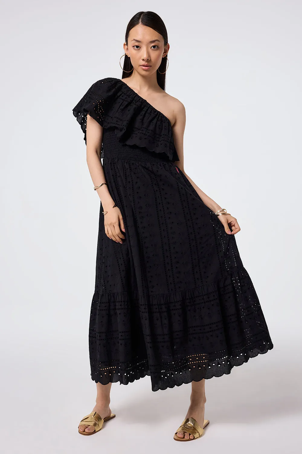 Black One Shoulder Broderie Tiered Midi Dress