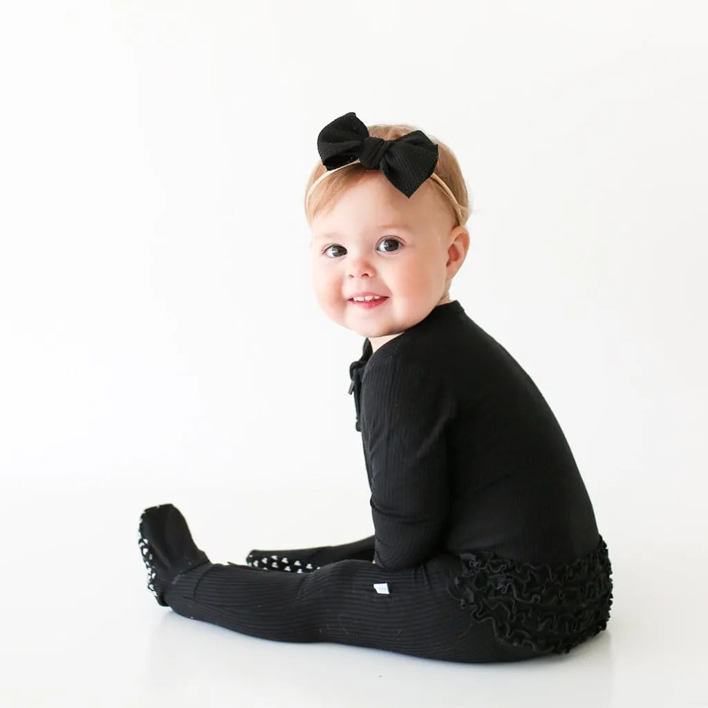 Black Ribbed Footie Ruffled Zippered One Piece