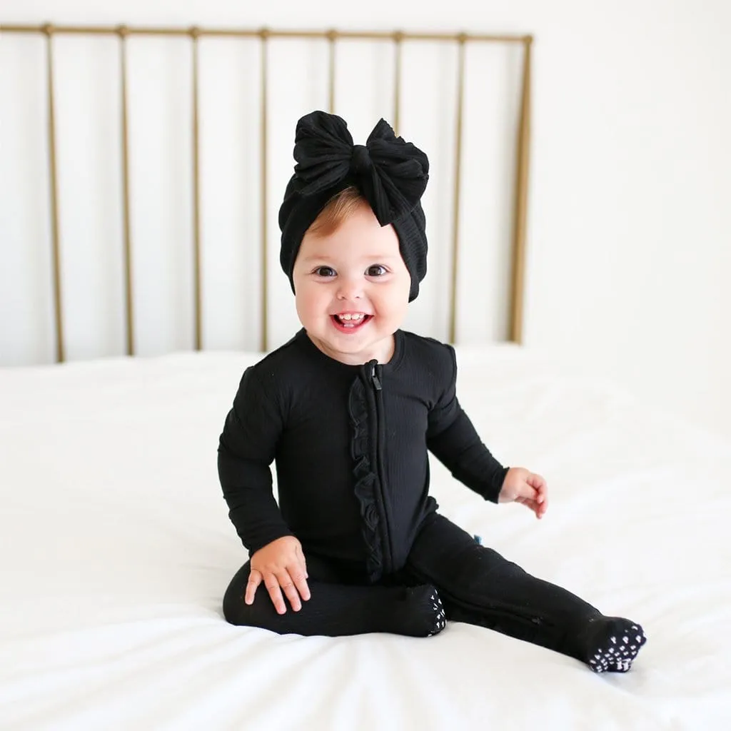 Black Ribbed Footie Ruffled Zippered One Piece