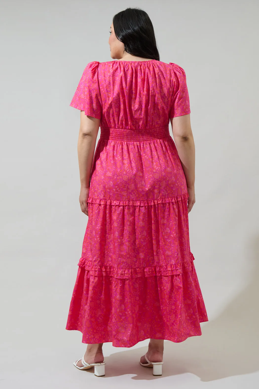 Cerise Floral Palmer Poplin Tiered Maxi Dress Curve