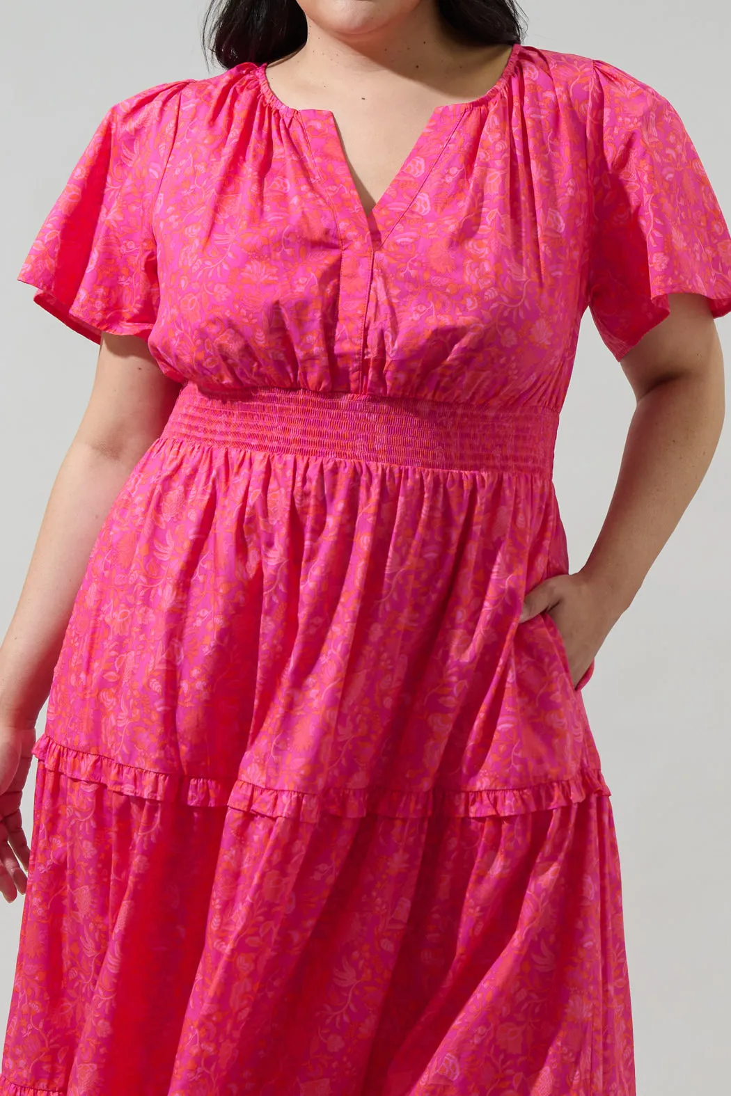 Cerise Floral Palmer Poplin Tiered Maxi Dress Curve