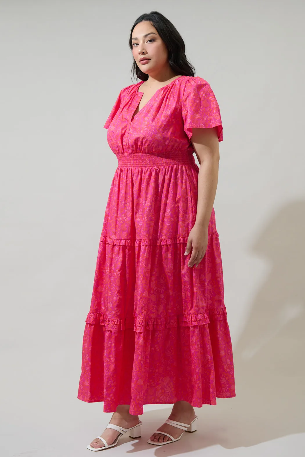 Cerise Floral Palmer Poplin Tiered Maxi Dress Curve