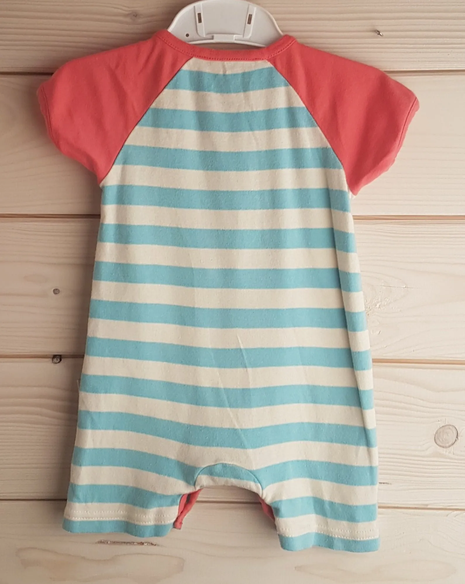 Coral sleeved romper-suit with blue stripes (0-3 months)