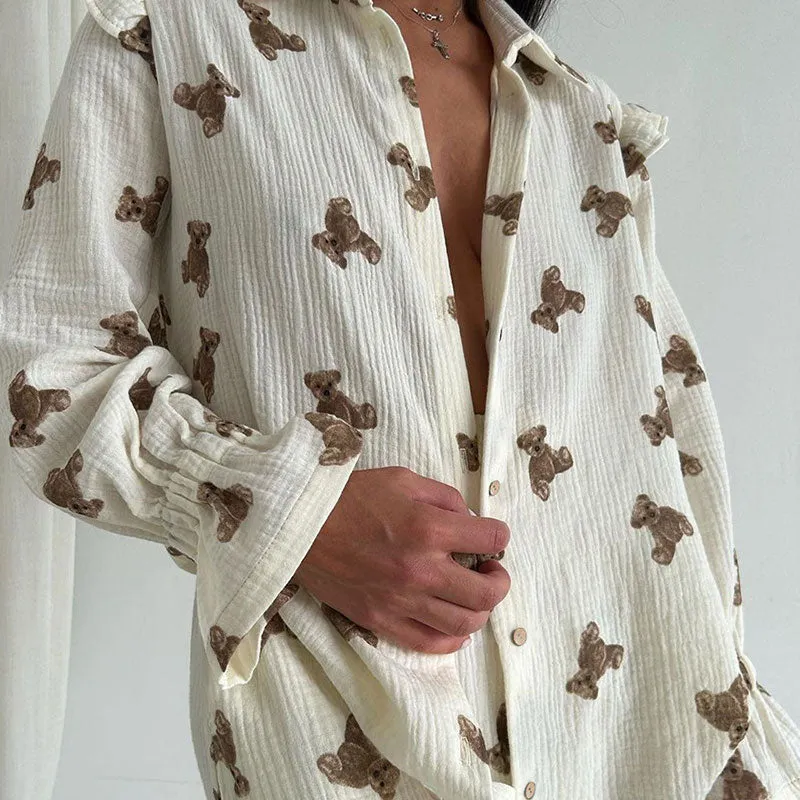 Cozy Bear Print Ruffle Long Sleeve Button Up Wide Leg Cotton Gauze Lounge Set