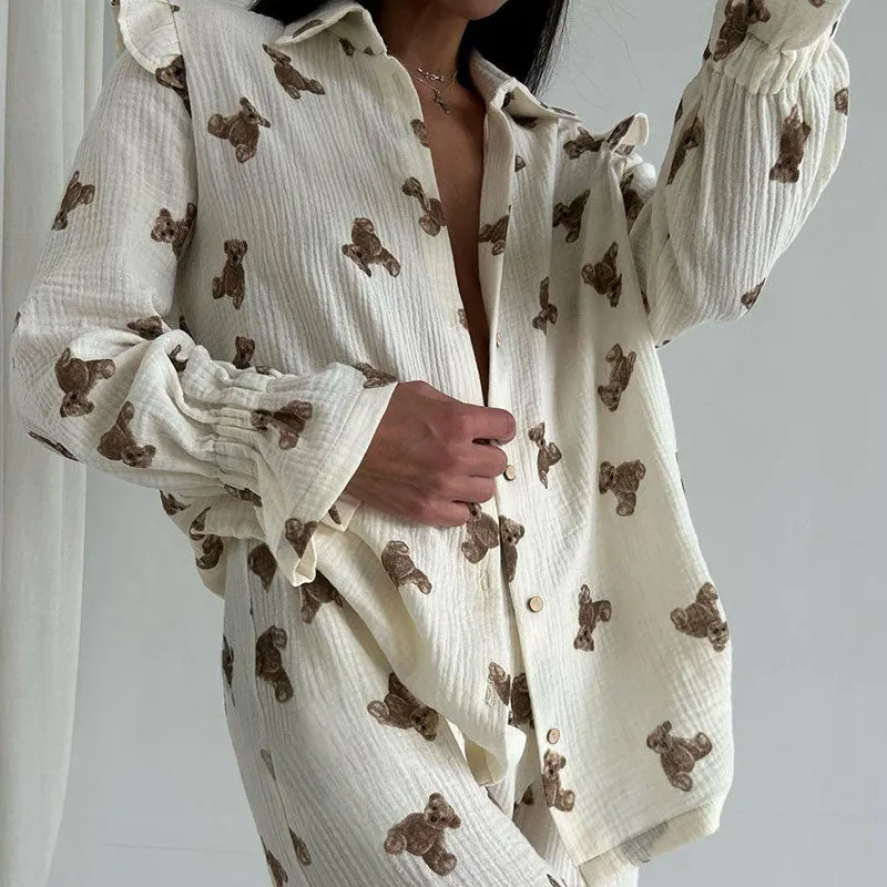 Cozy Bear Print Ruffle Long Sleeve Button Up Wide Leg Cotton Gauze Lounge Set