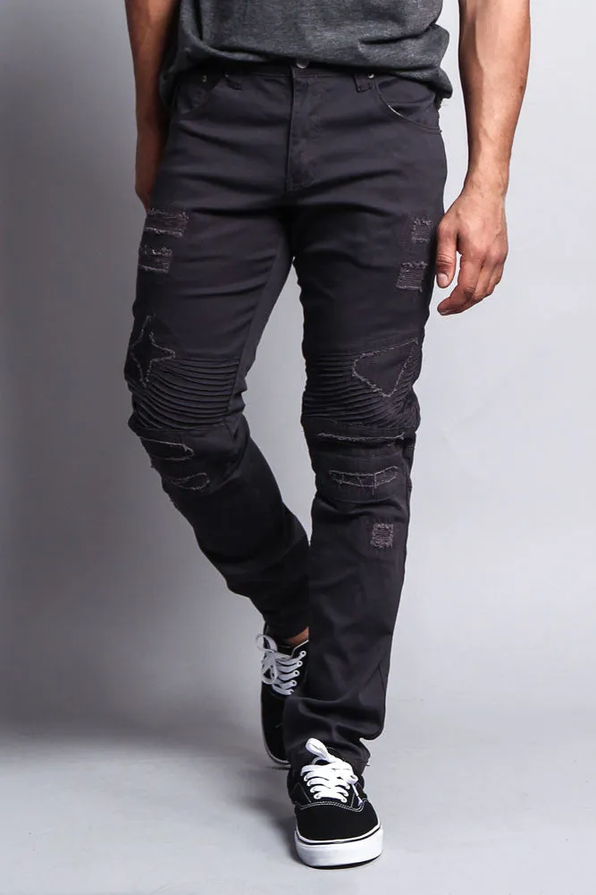 Distressed Biker Twill Skinny Pants