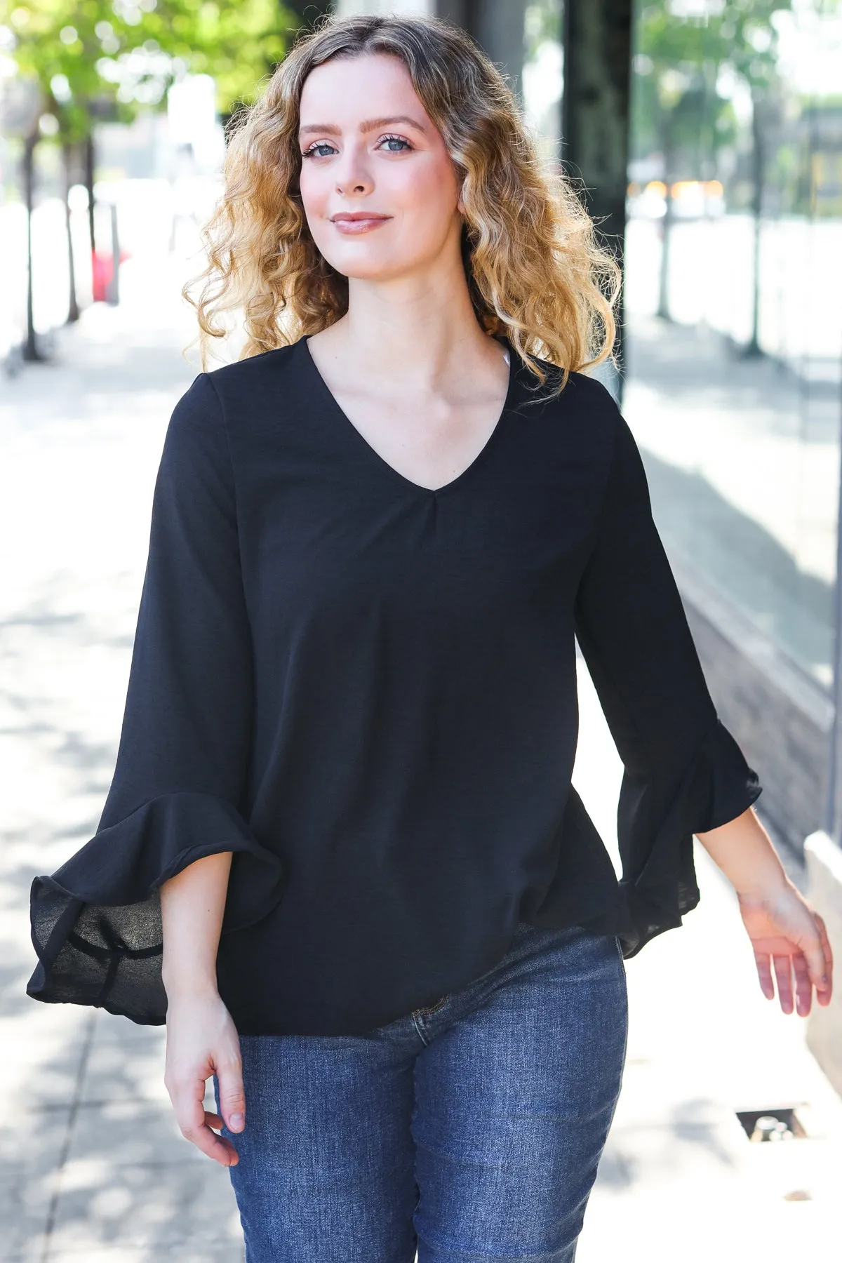 Falling In Love Black Hi-Lo Ruffle Sleeve Woven Top (Open Pack)