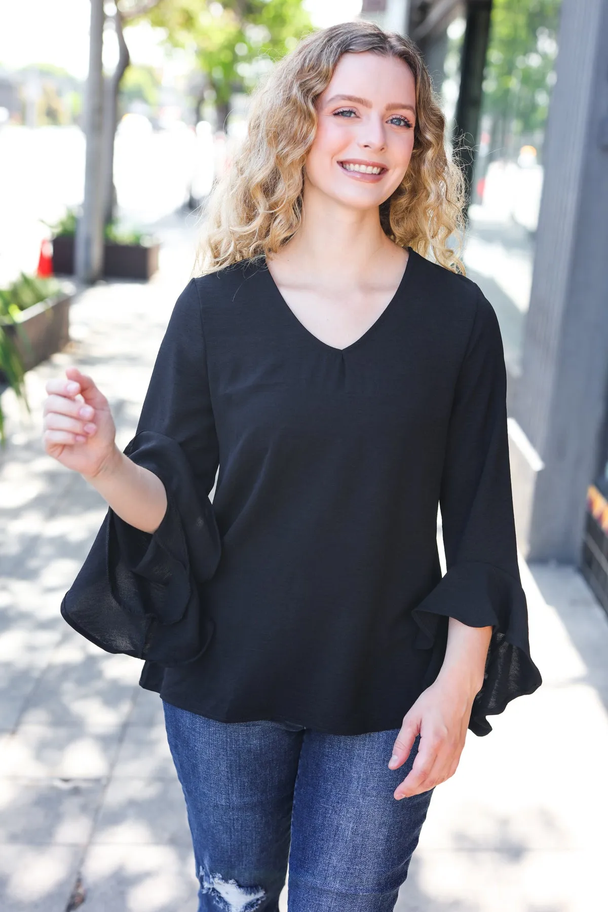 Falling In Love Black Hi-Lo Ruffle Sleeve Woven Top (Open Pack)