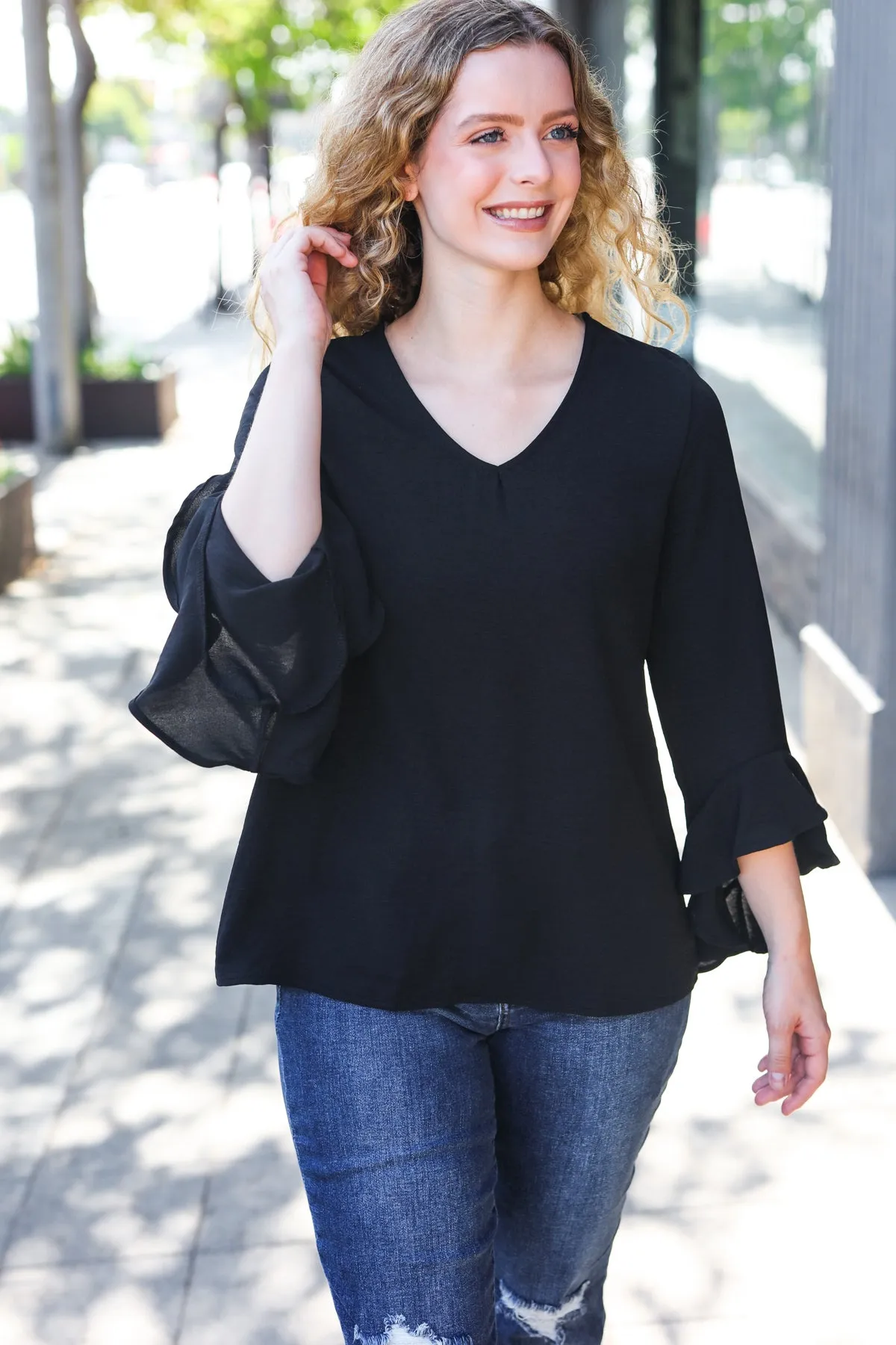 Falling In Love Black Hi-Lo Ruffle Sleeve Woven Top (Open Pack)