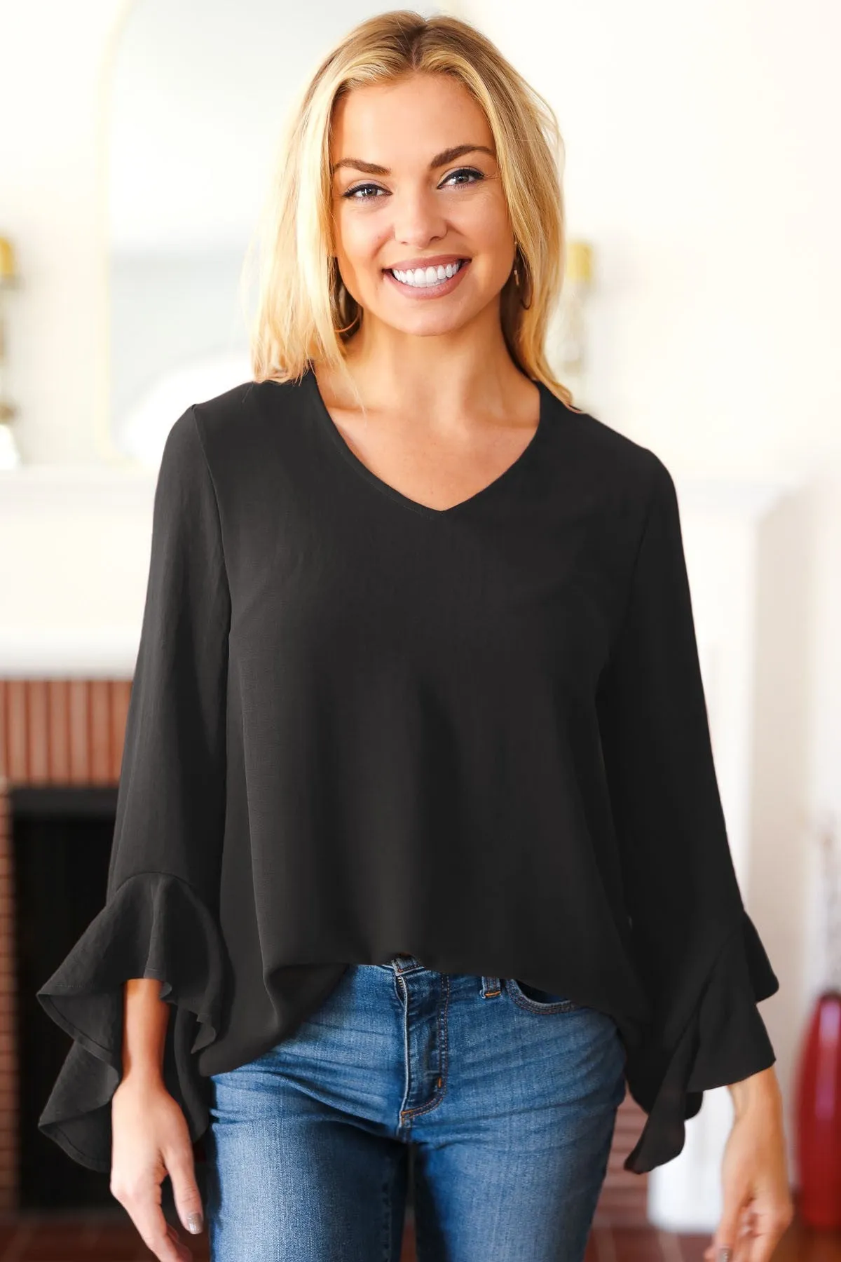 Falling In Love Black Hi-Lo Ruffle Sleeve Woven Top (Open Pack)