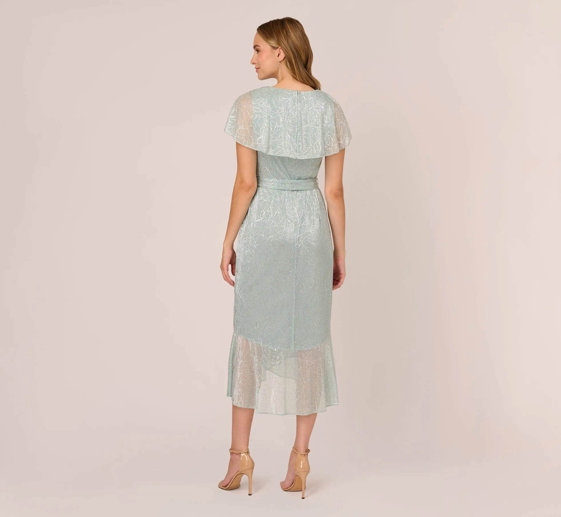 Floral Metallic Stencil Midi-Length Mermaid Dress With Capelet In Sea Glass