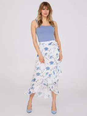 Floral Print High-Low Ruffle Midi Skirt