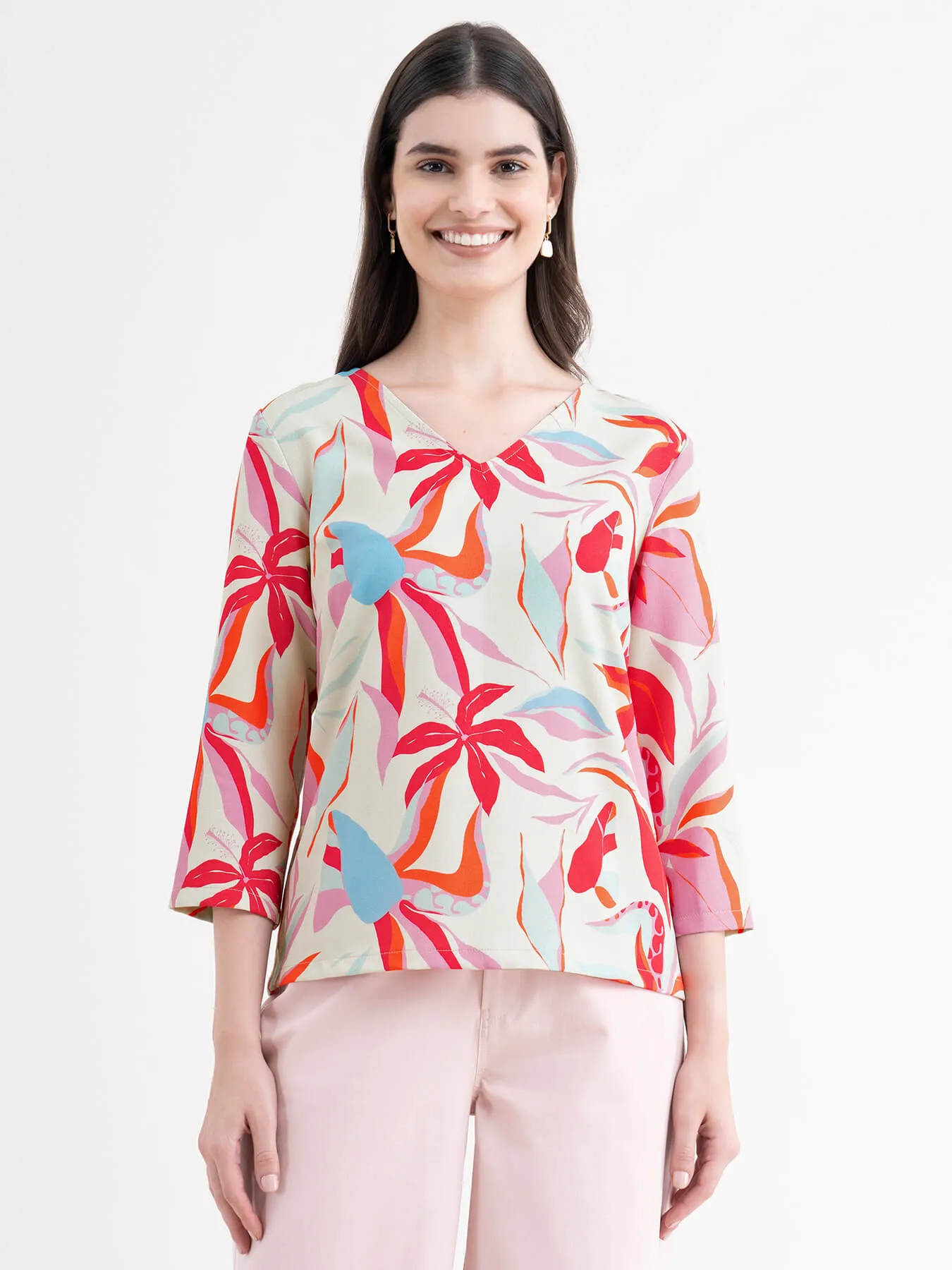 Floral V- Neck Top - Multicolour