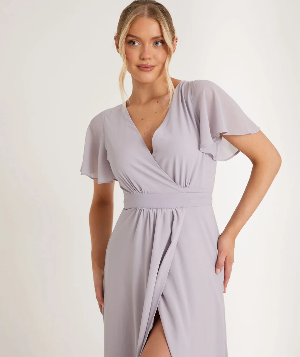 Flutter Sleeve Wrap Tie Chiffon Bridesmaid Dress - Dusty Lilac