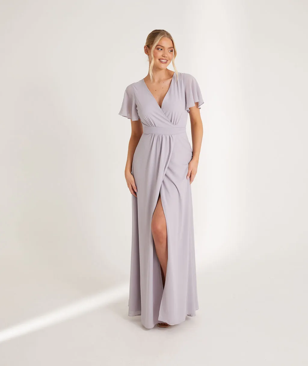 Flutter Sleeve Wrap Tie Chiffon Bridesmaid Dress - Dusty Lilac