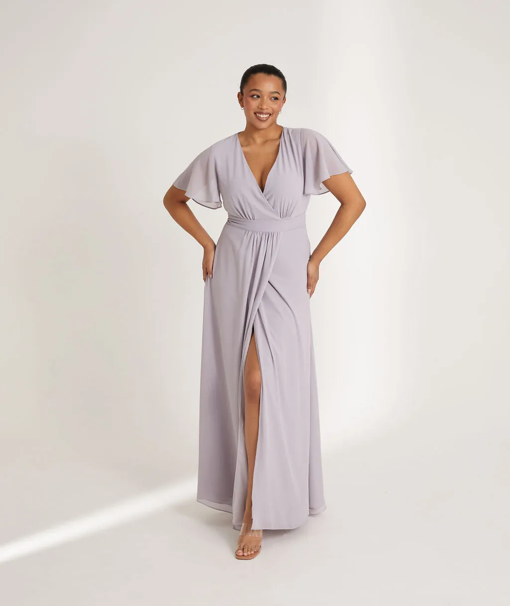 Flutter Sleeve Wrap Tie Chiffon Bridesmaid Dress - Dusty Lilac