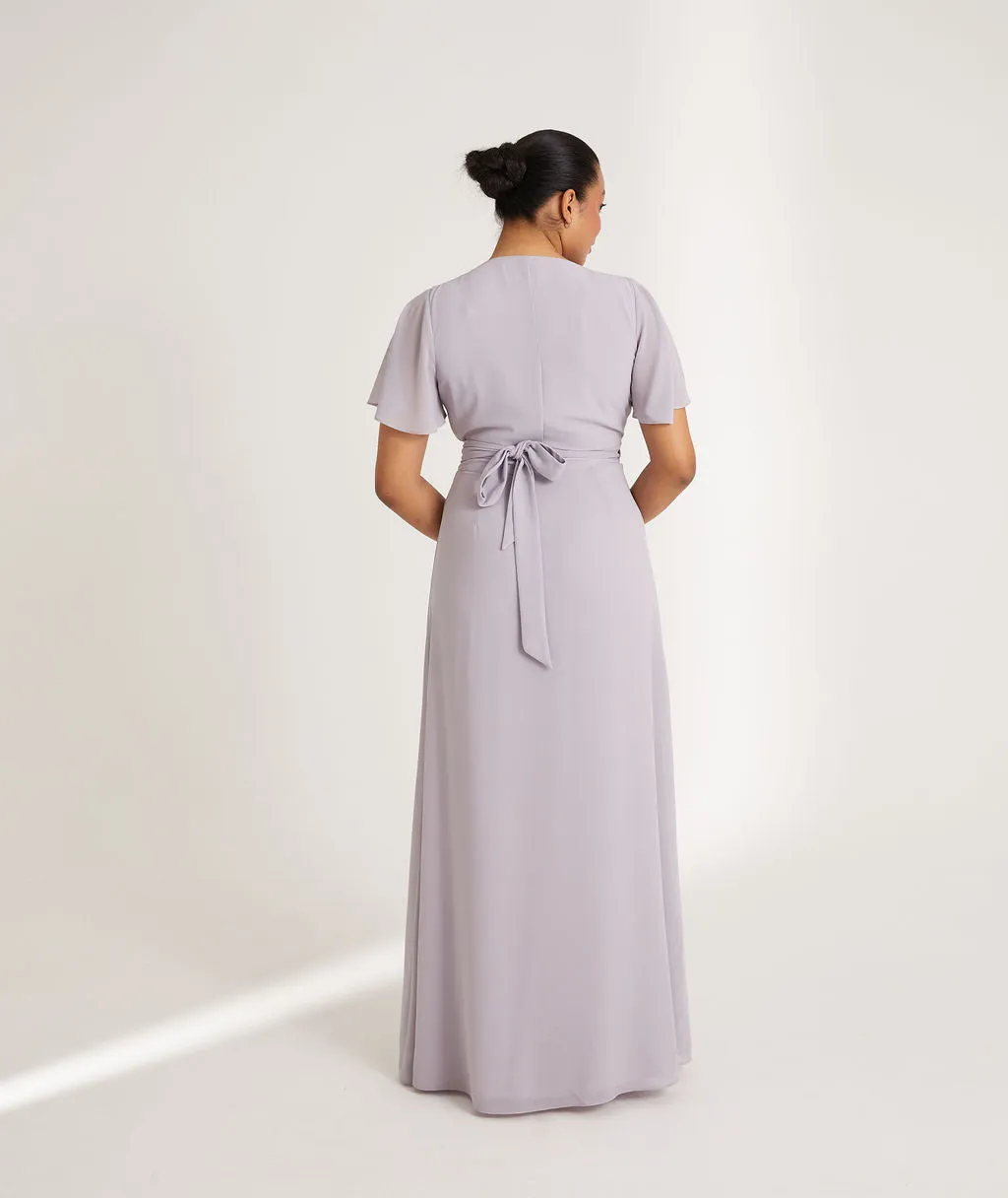 Flutter Sleeve Wrap Tie Chiffon Bridesmaid Dress - Dusty Lilac