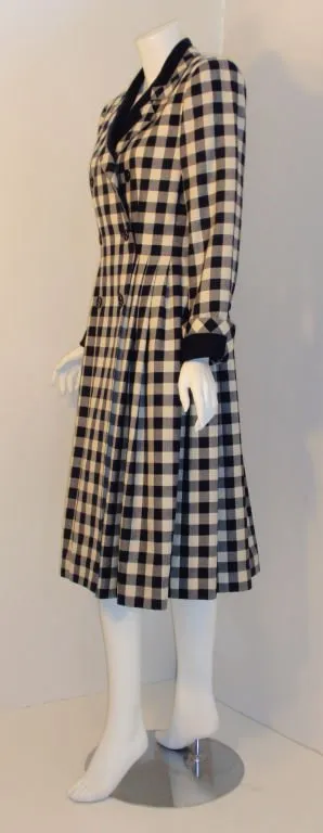 GIVENCHY 1980s  Navy and Cream Plaid Wool Fitted Flared Coat Dress