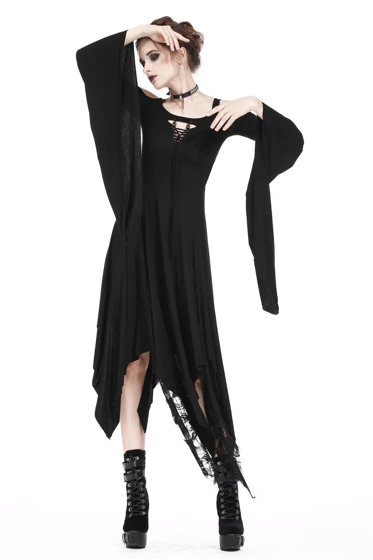 Gothic knitted long dress with irregular hem and hooked rope designs DW185