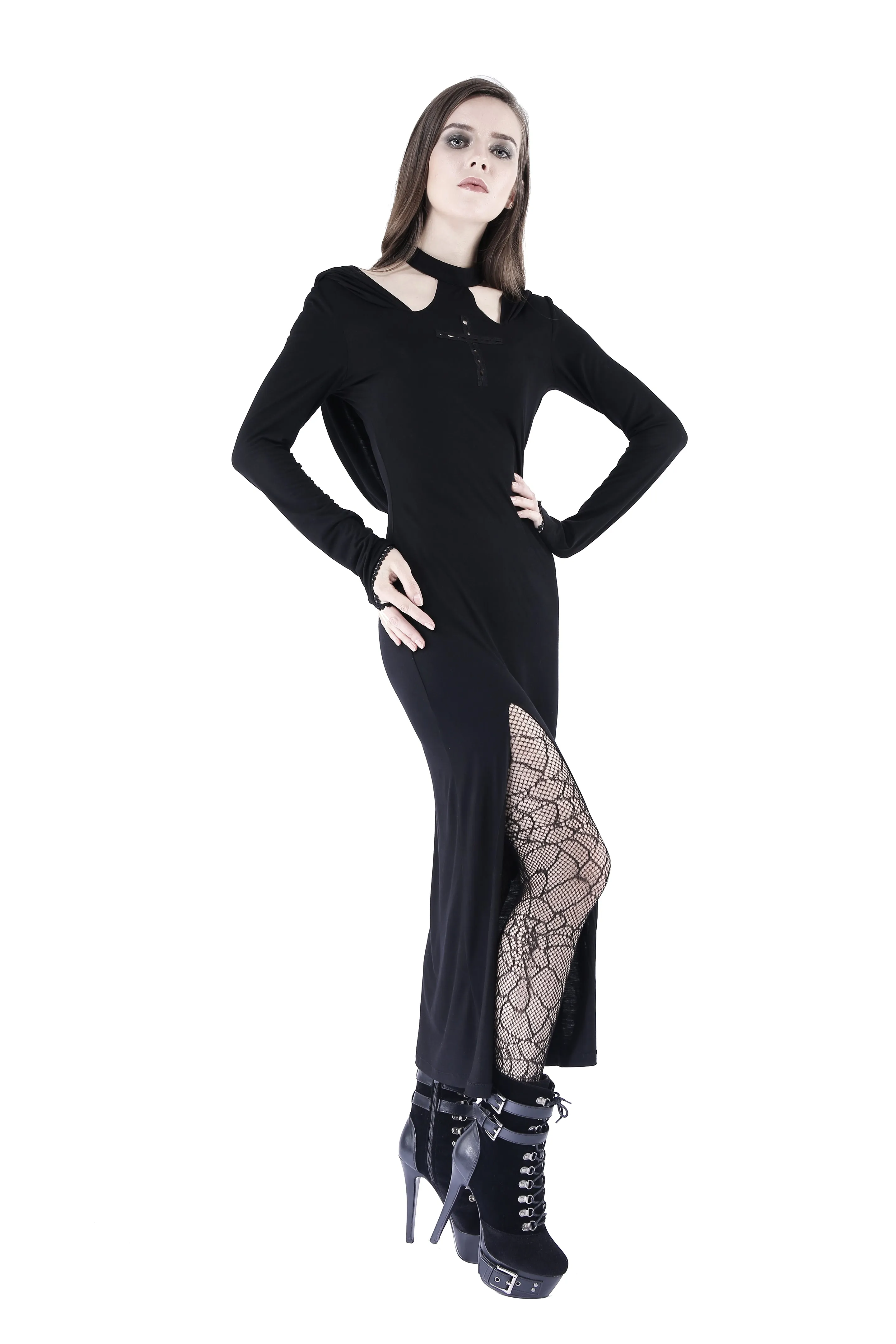 Gothic long knitted hooded dress with hollow out cross DW148