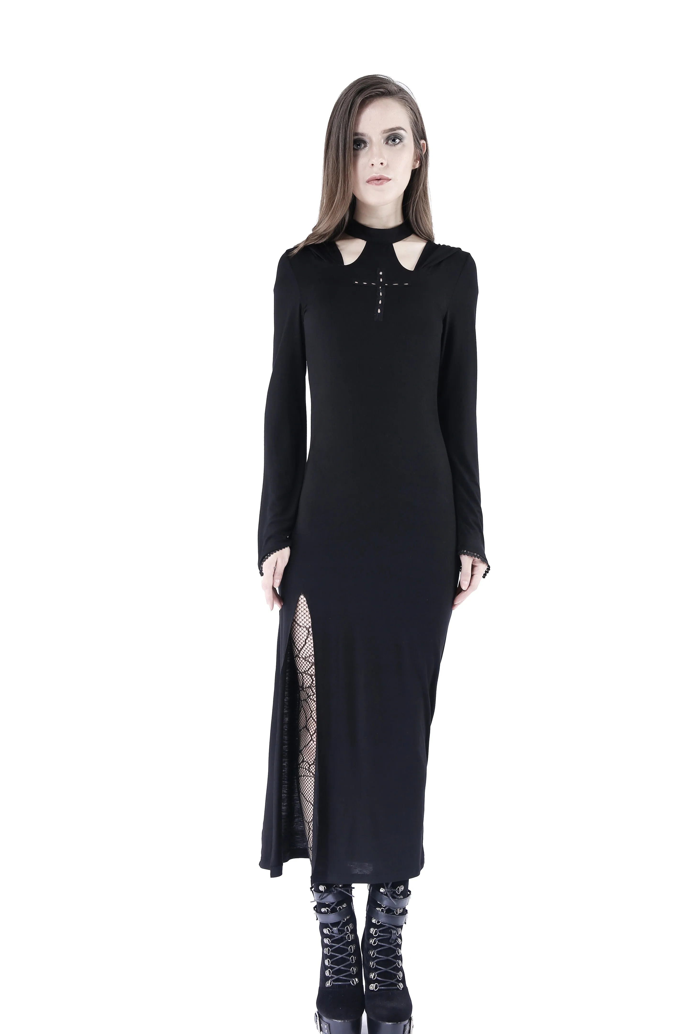 Gothic long knitted hooded dress with hollow out cross DW148