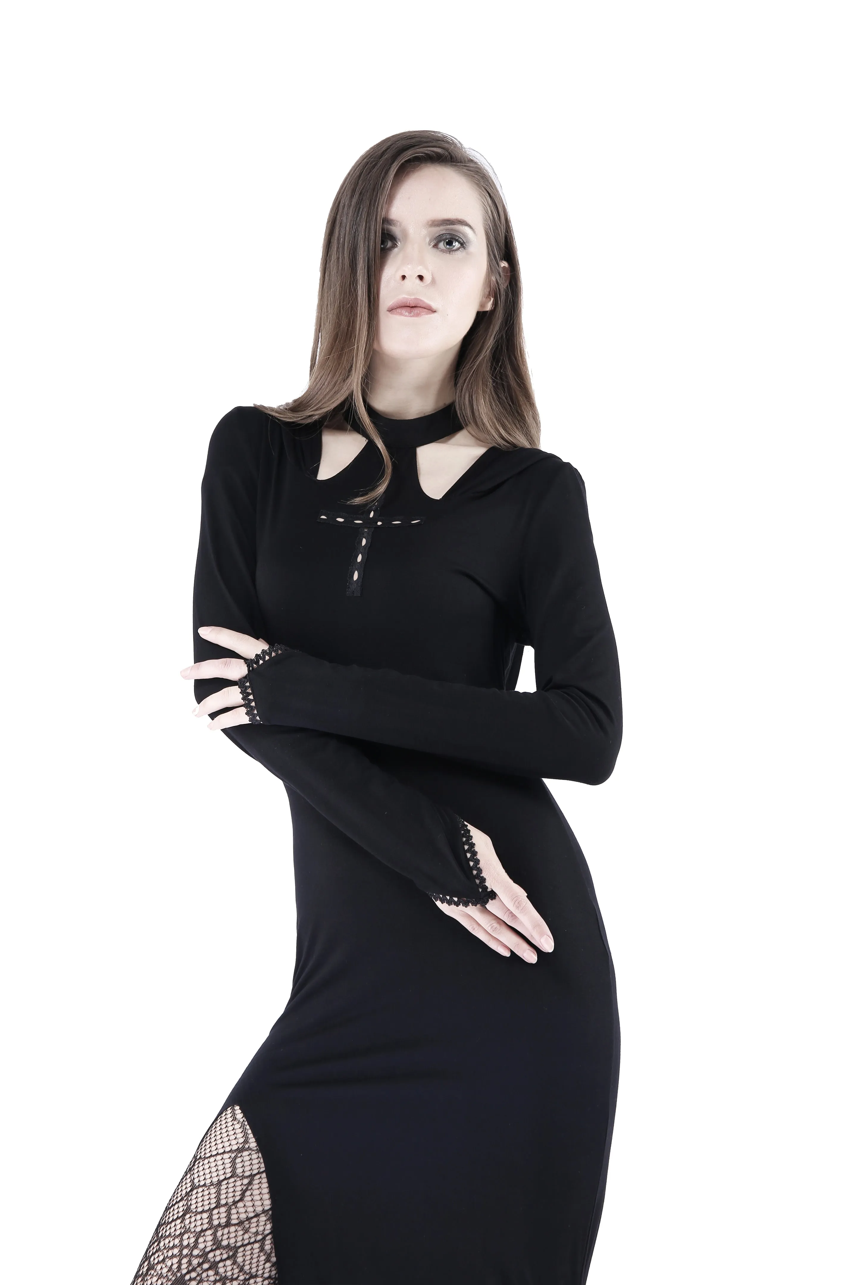 Gothic long knitted hooded dress with hollow out cross DW148