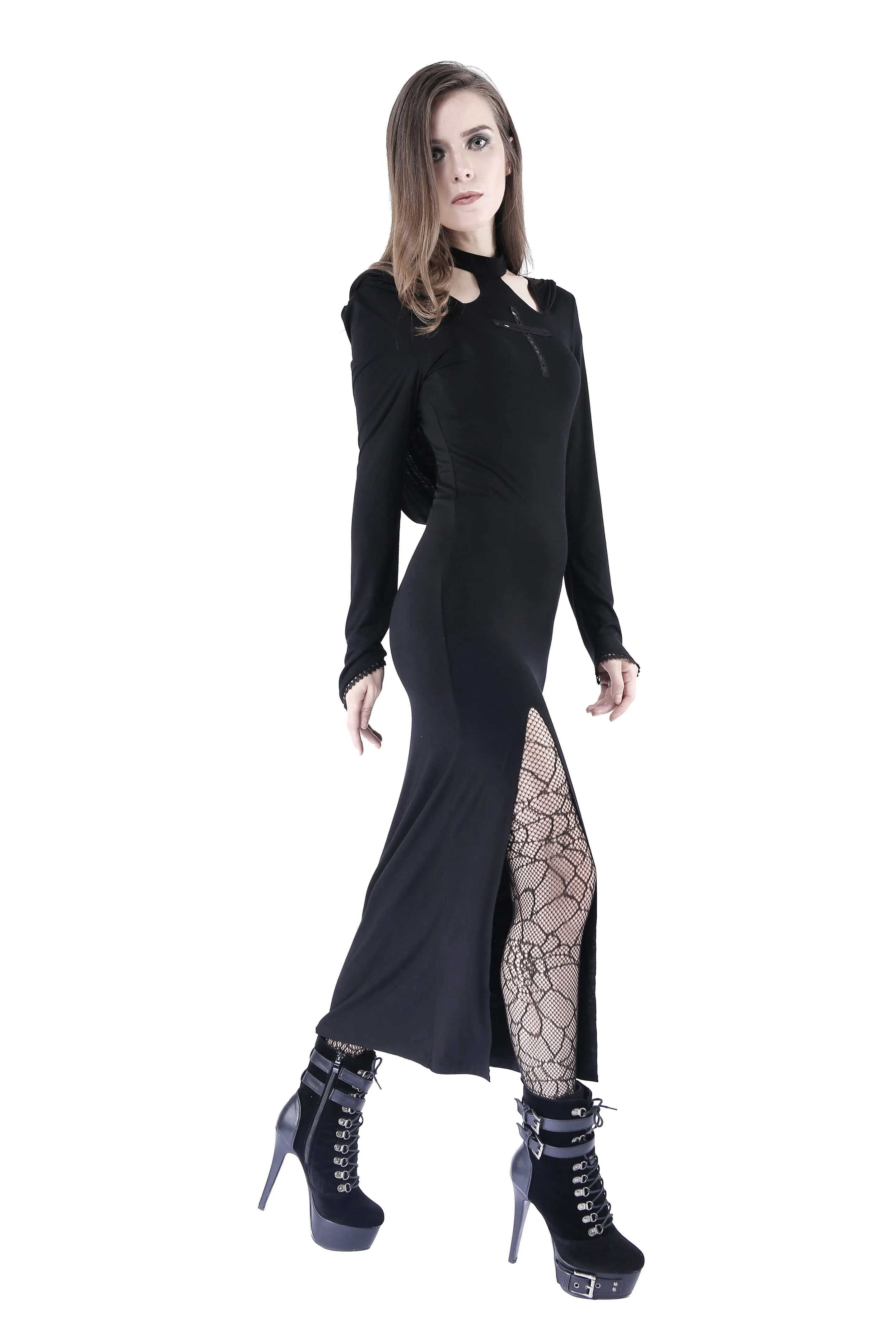 Gothic long knitted hooded dress with hollow out cross DW148