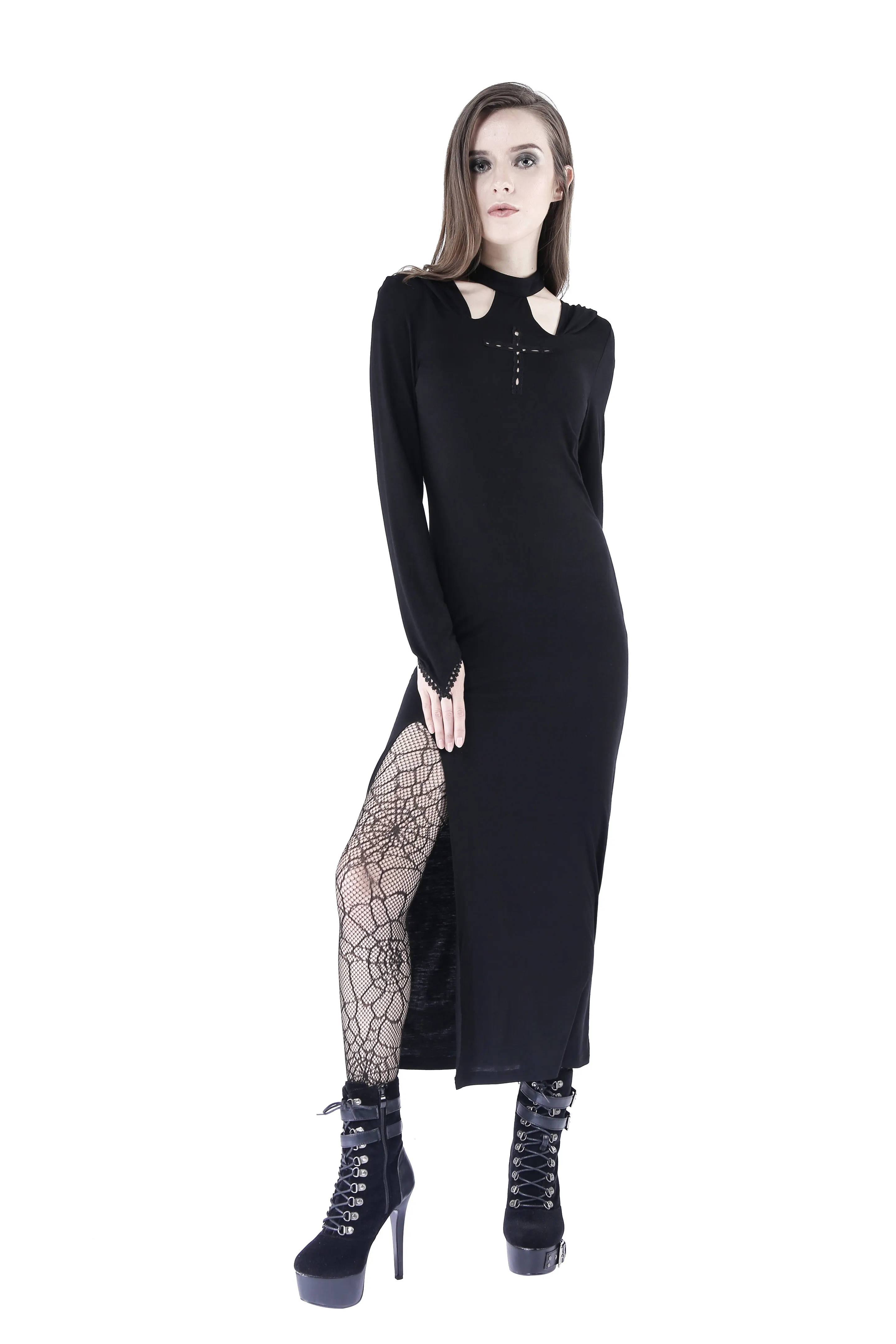 Gothic long knitted hooded dress with hollow out cross DW148