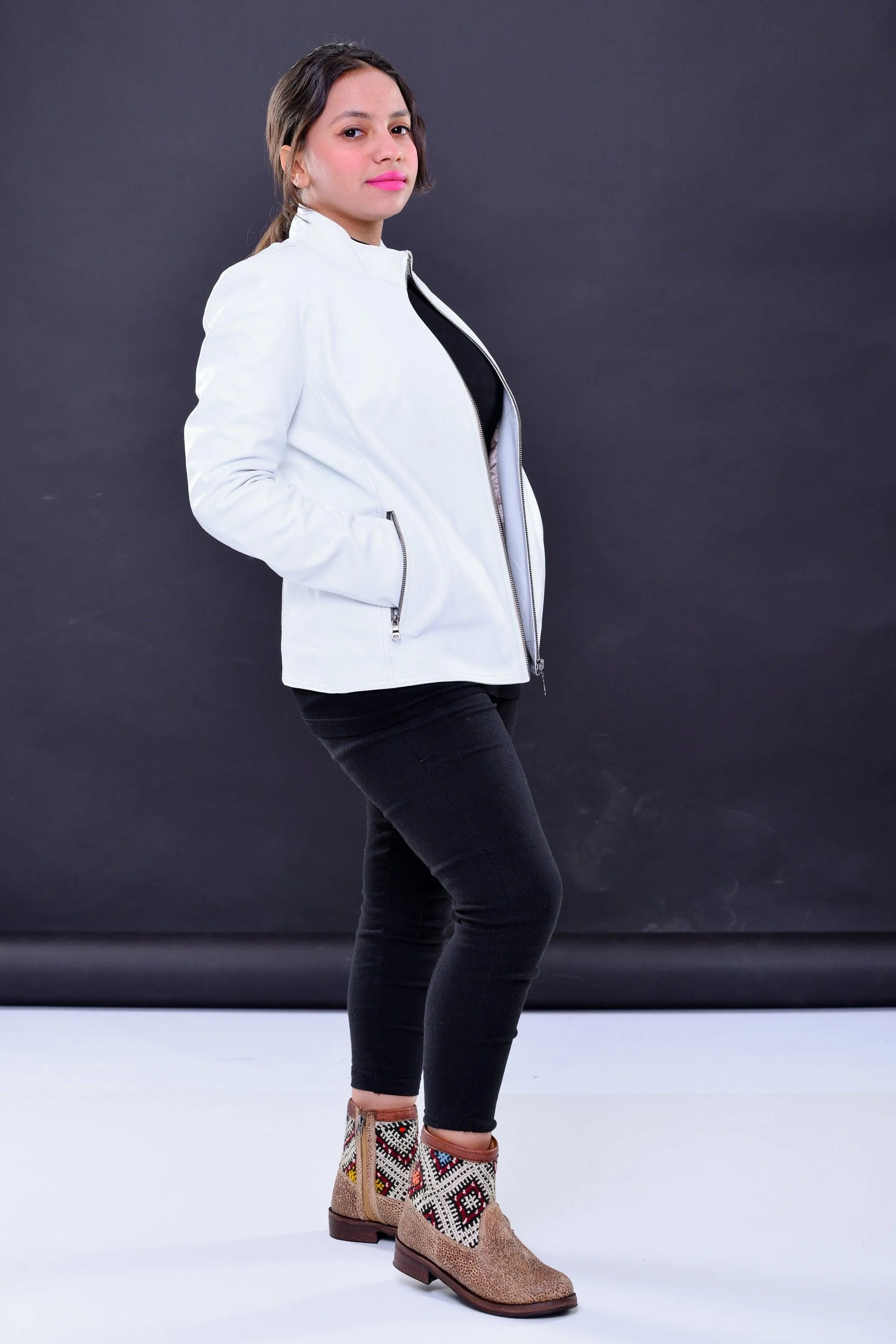 Handmade Women genuine leather biker jacket slim fit white | Made in Morocco