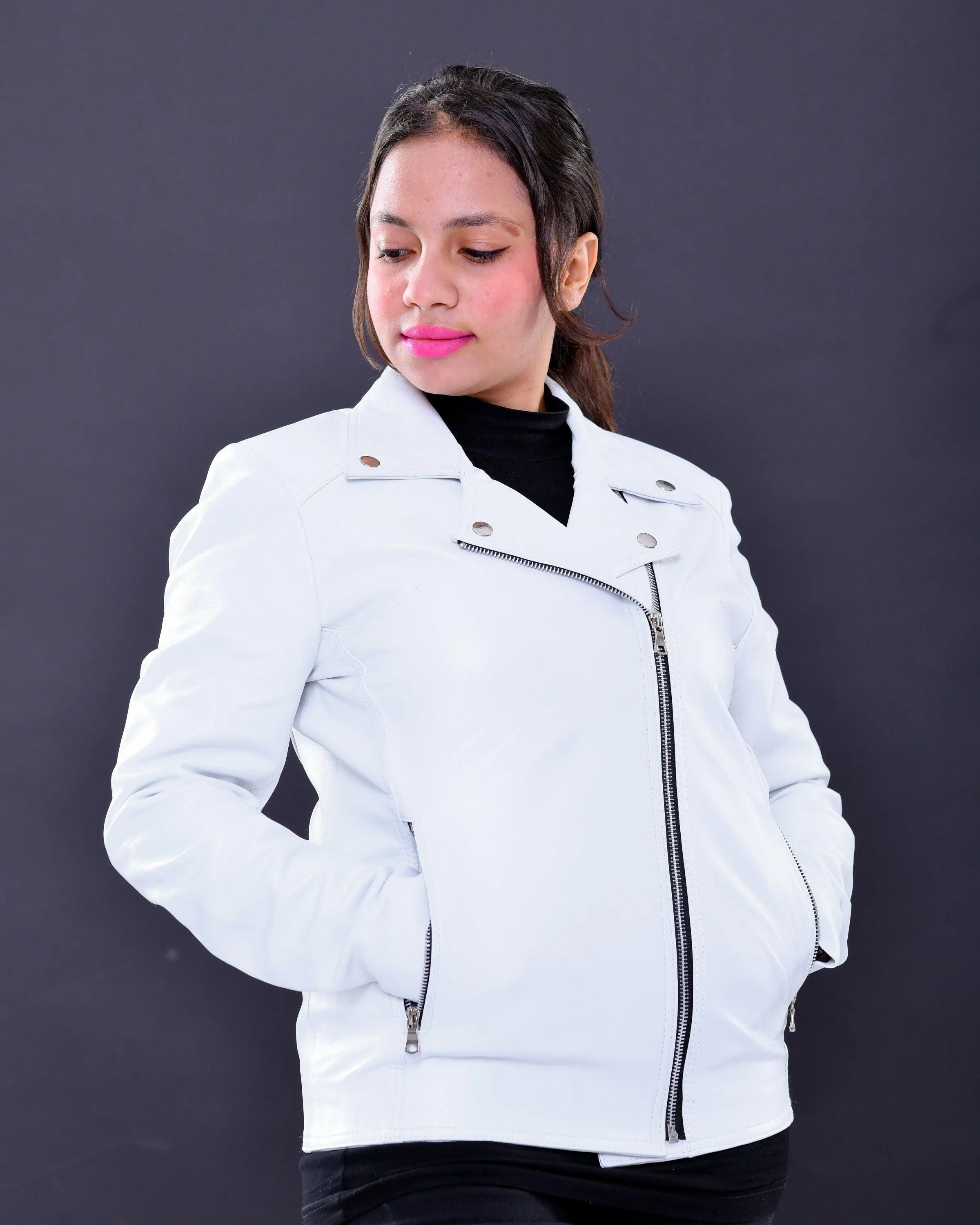 Handmade Women genuine leather biker jacket slim fit white | Made in Morocco