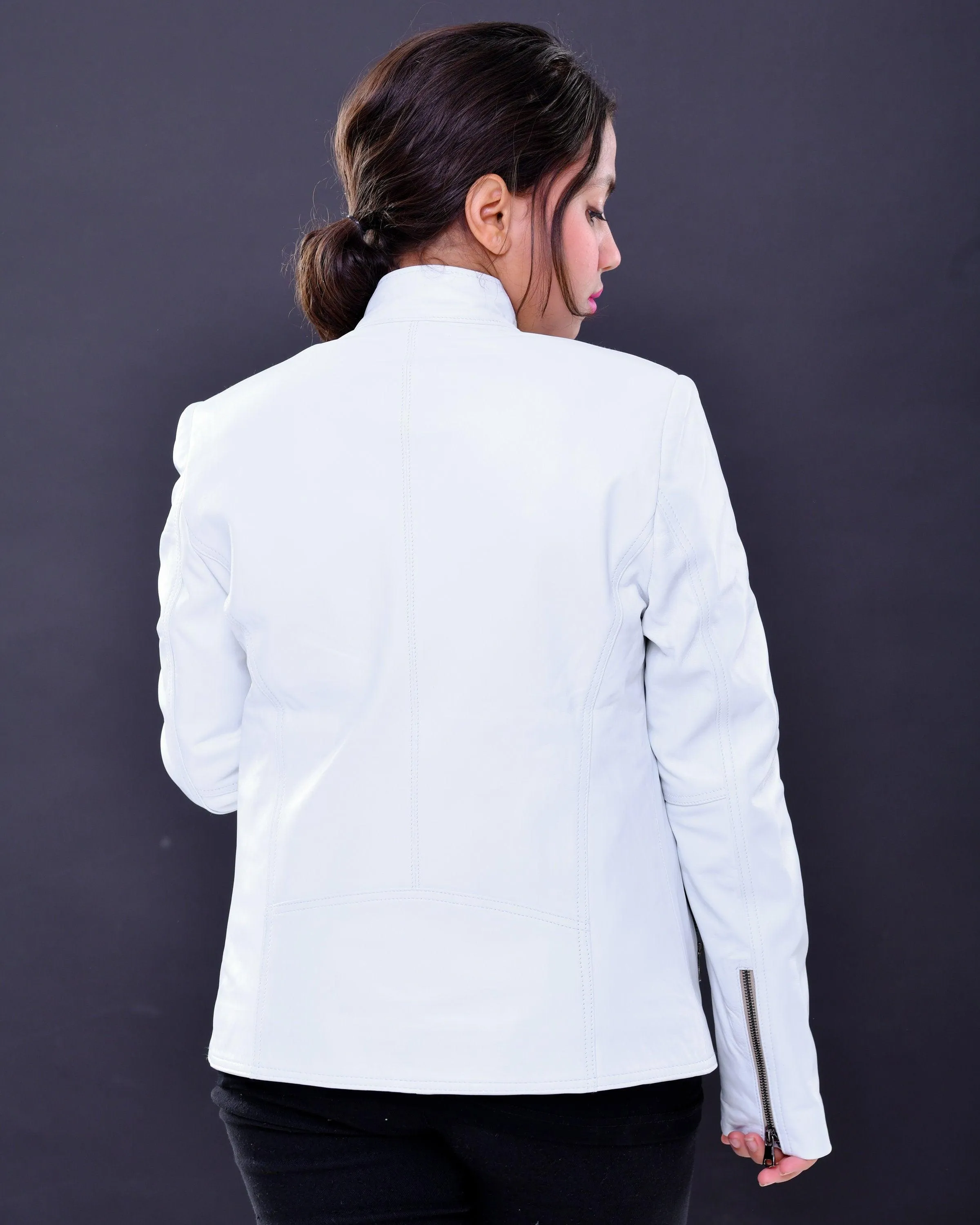 Handmade Women genuine leather biker jacket slim fit white | Made in Morocco