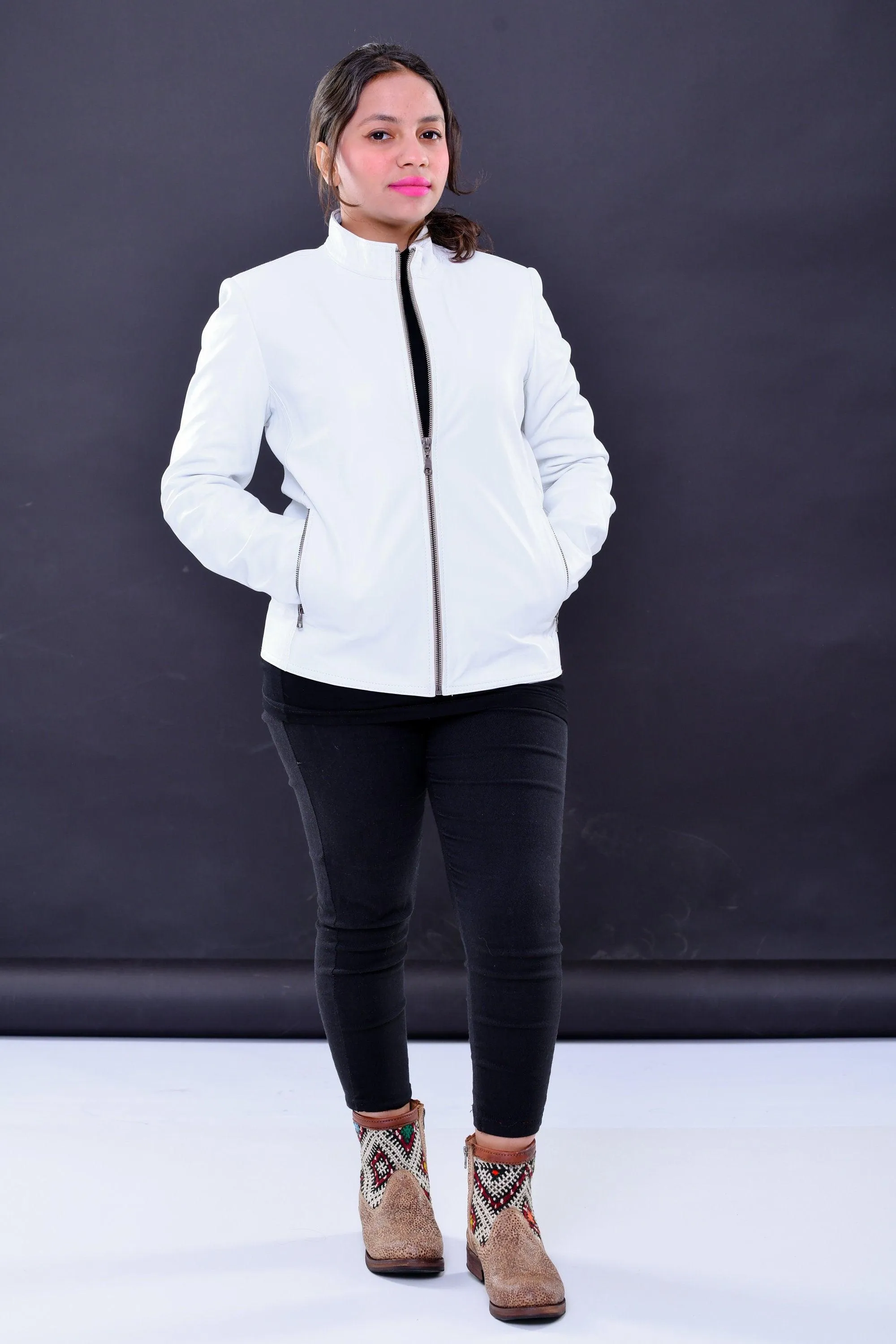 Handmade Women genuine leather biker jacket slim fit white | Made in Morocco