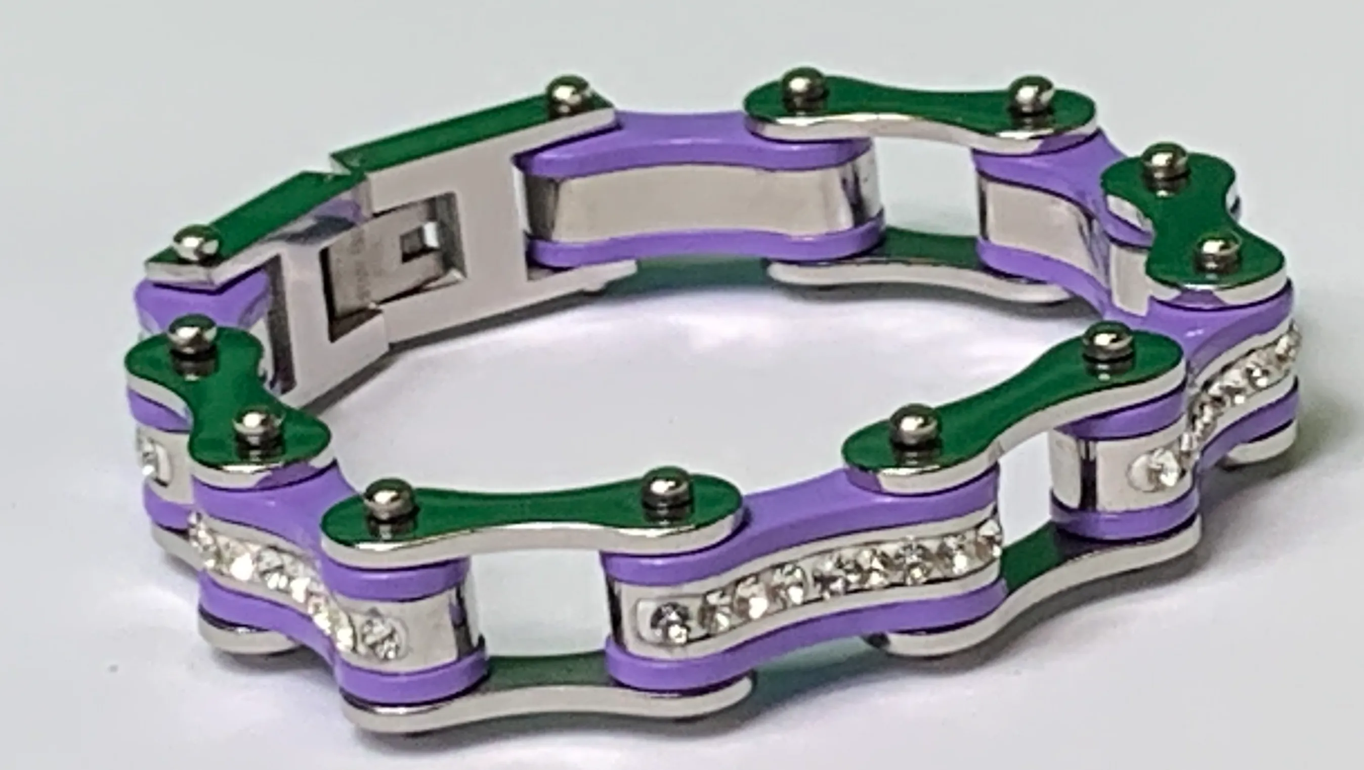 Ladies Two Tone Silver, and Purple Bike Chain Bracelet with White Crystal Centers