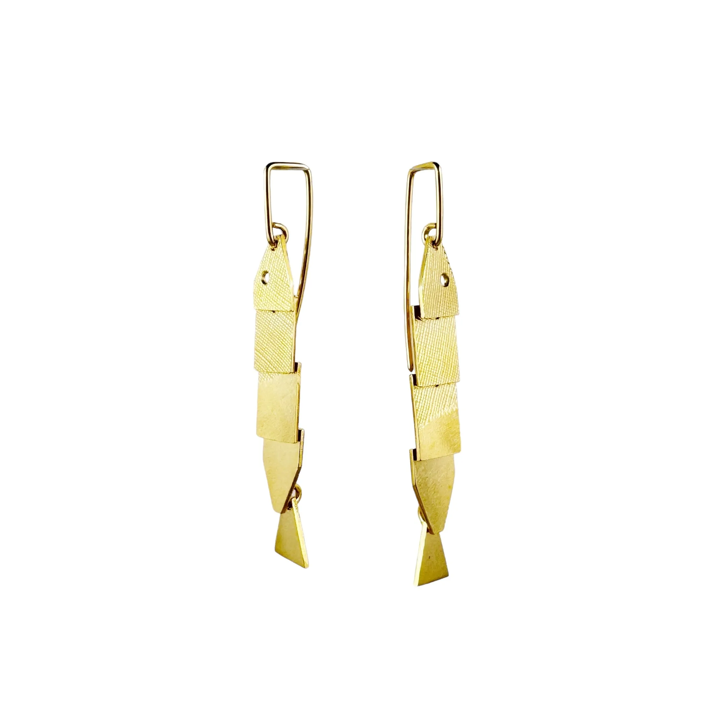 Long Golden Articulate Fish Earrings - Cynthia Nge