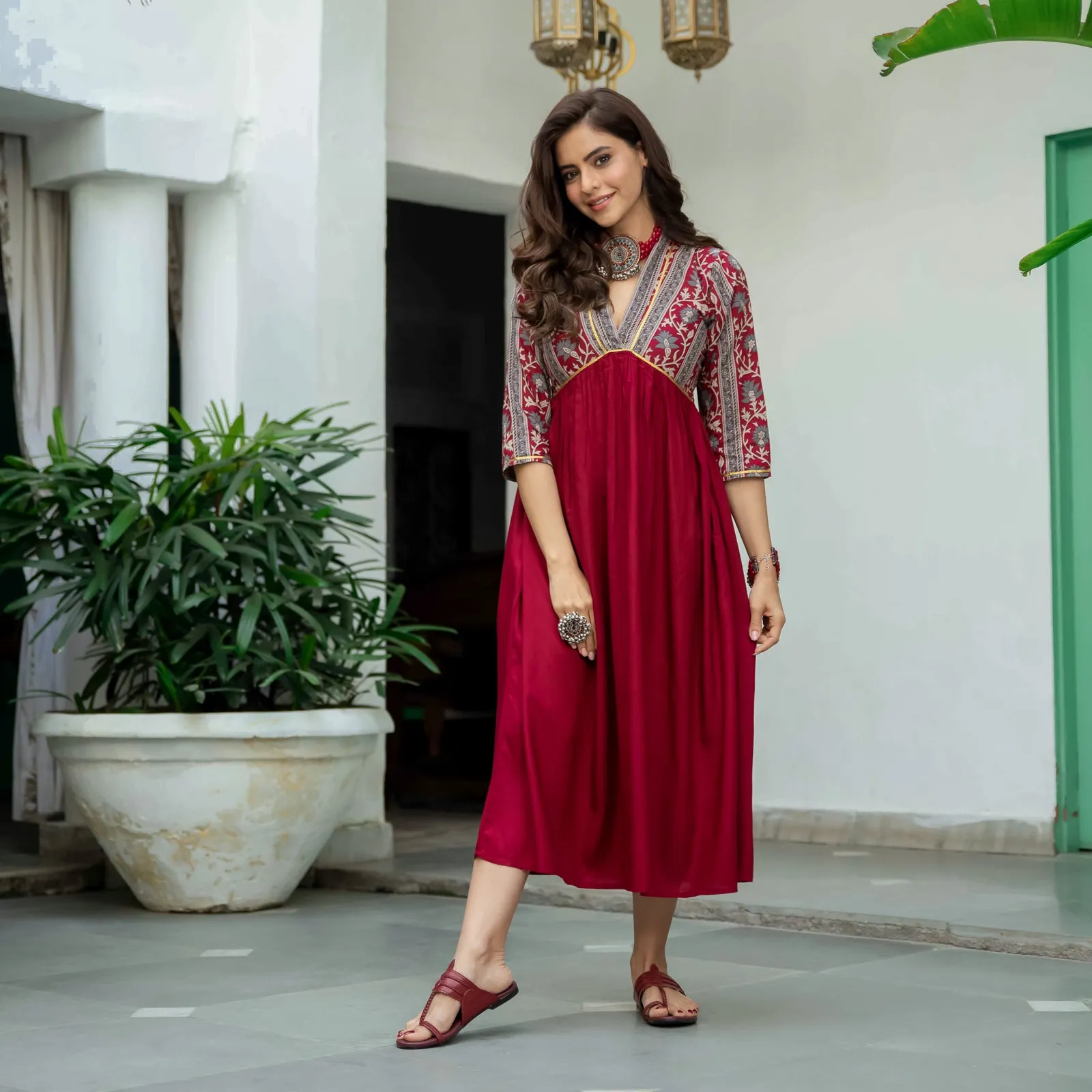 Maroon V Neck Alia Cut Dress